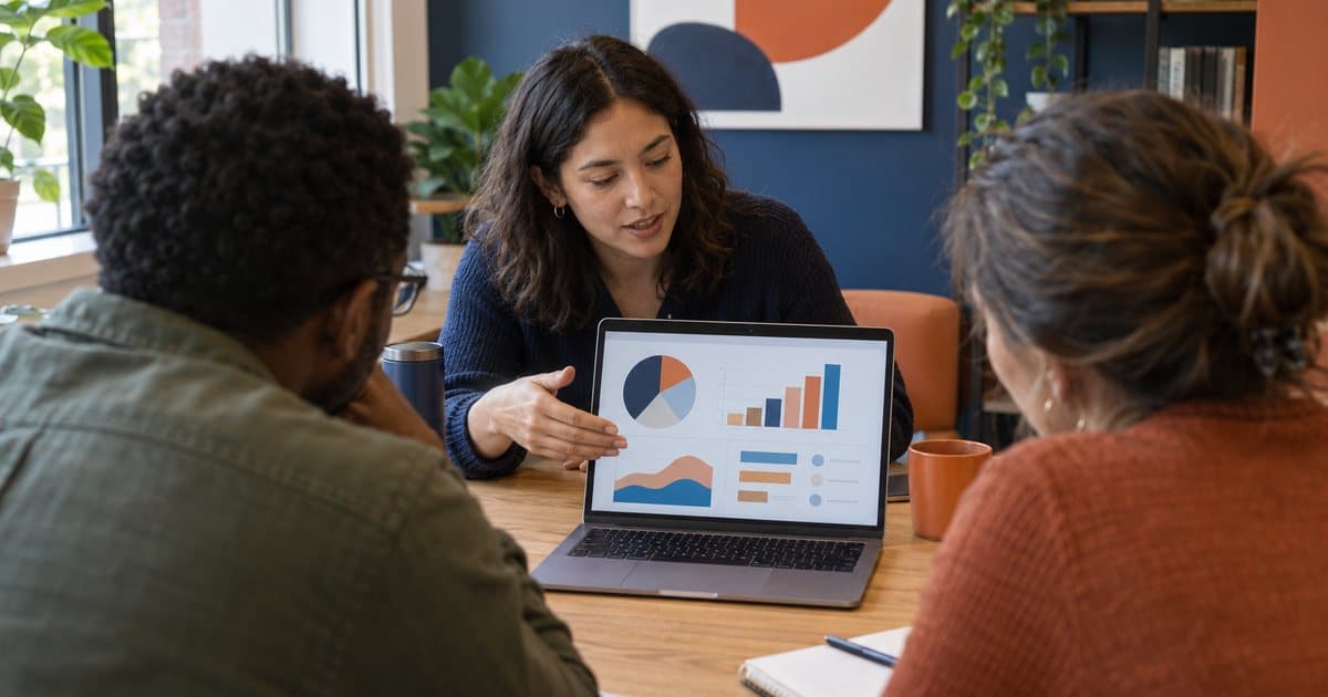 A staffer who has turned her laptop toward two colleagues, walking them through charts on the screen