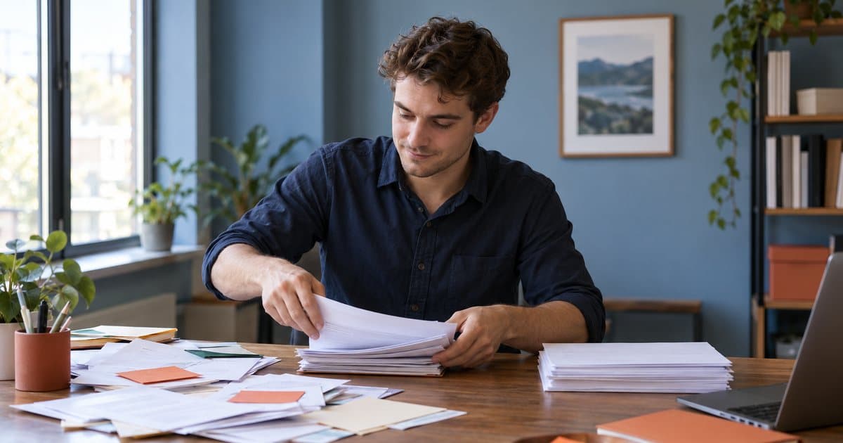A development associate gathering scattered donor lists and sticky notes into one neat stack
