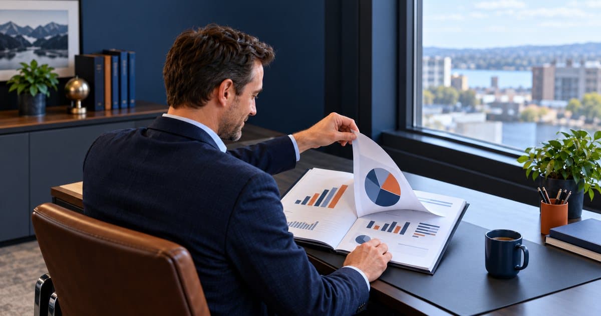 A development director at his desk by a window, turning the pages of a finished report full of charts