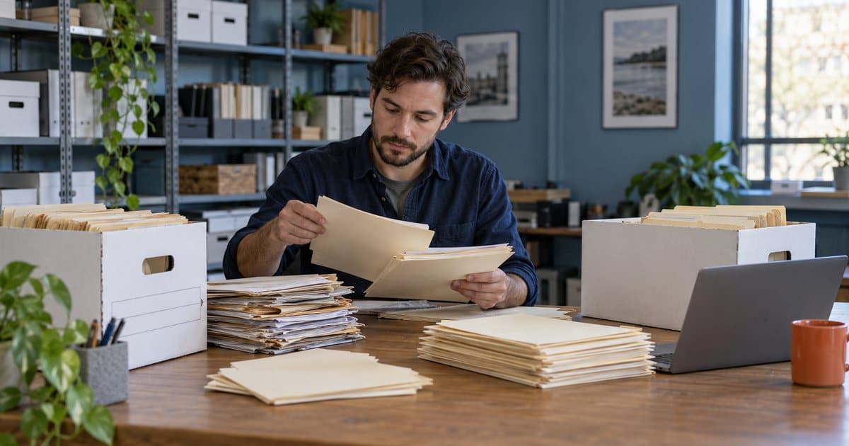 A program coordinator sorting old paper records from file boxes into neat stacks of folders